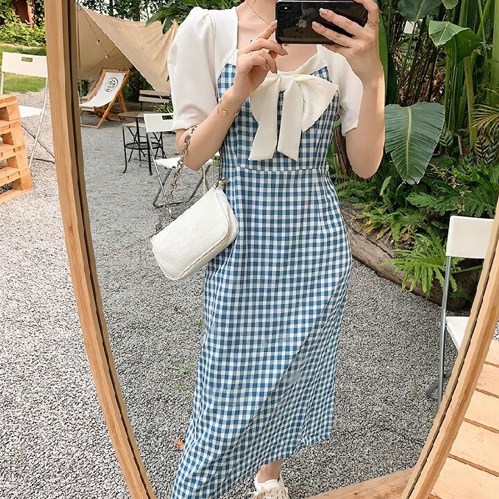 初回送料無料ドレスサマーVネックスリットボウチェックレディースファション服ワンピース