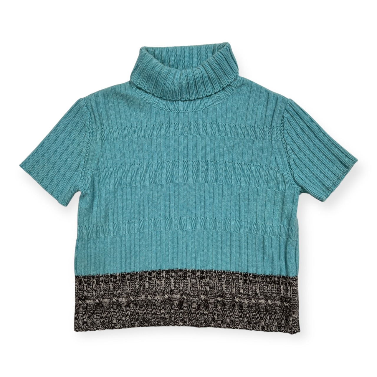 カシミヤ100% Ville d'azur ビルダジュール タートルネック 半袖 ニット セーター サイズ 42 /ワールド/水色×ダークブラウン系