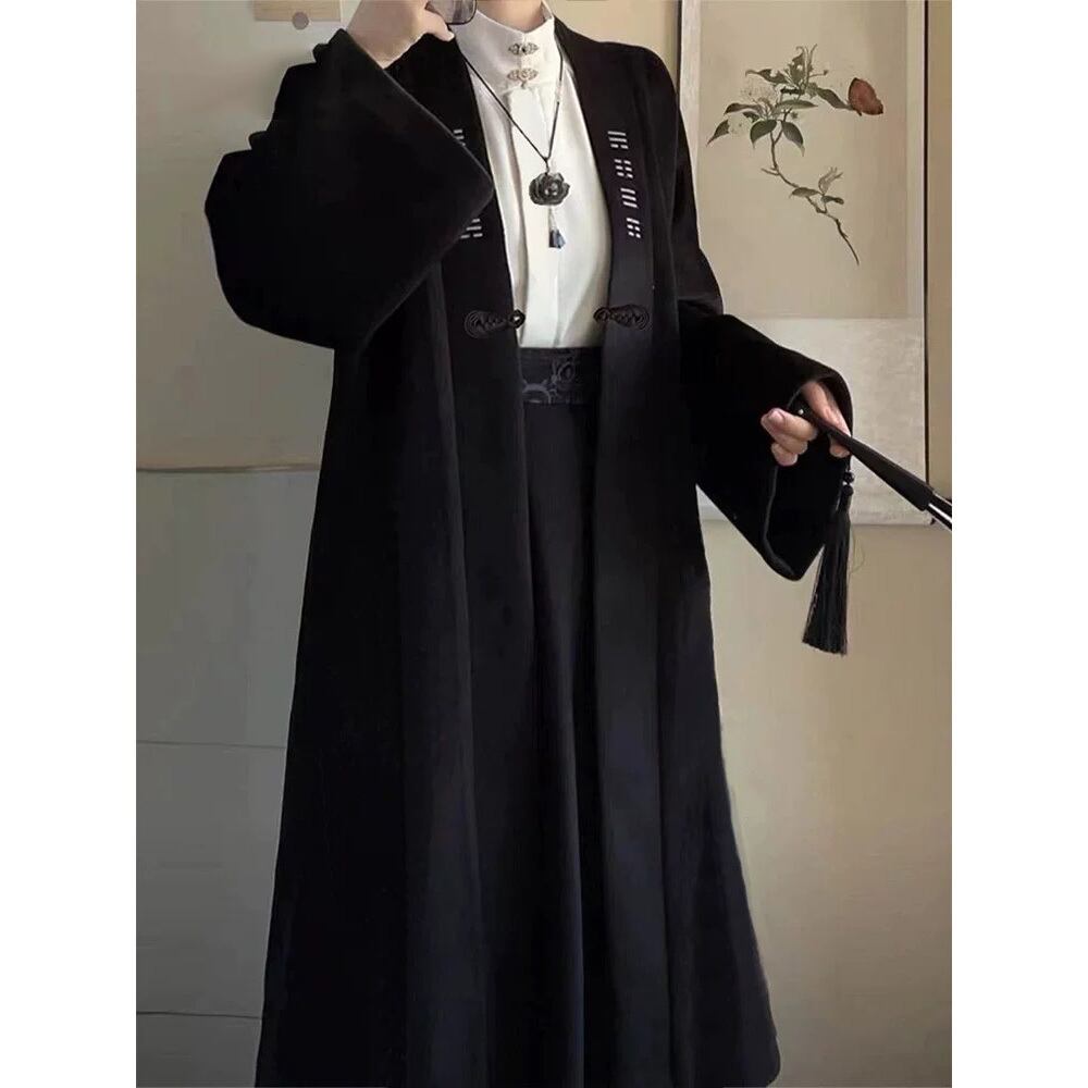 之】☆ロングコート☆ブラック 刺繍 チャイナ風 厚いコート 中国  