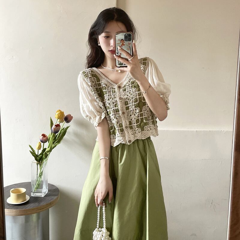 セットアップ ツーピース かぎ編みトップス トレンド 大人可愛い ガーリー 韓国ファッション 2color Luluca 韓国トレンドファッション Luluca ルルカ