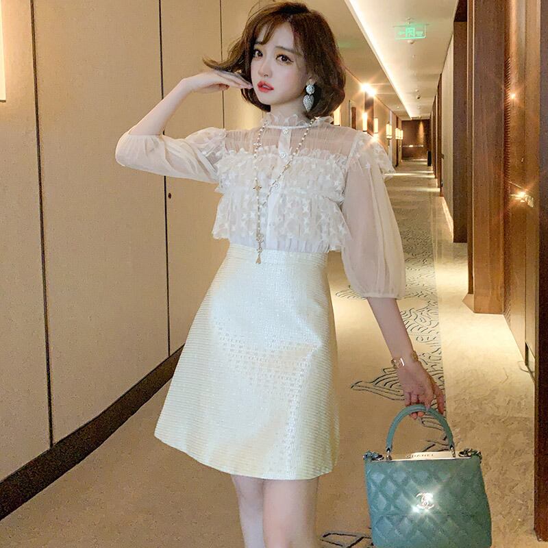 レースメッシュスリーブジャカードAラインドレス サマー ランタンスリーブ 夏物 MIUCO1646990622