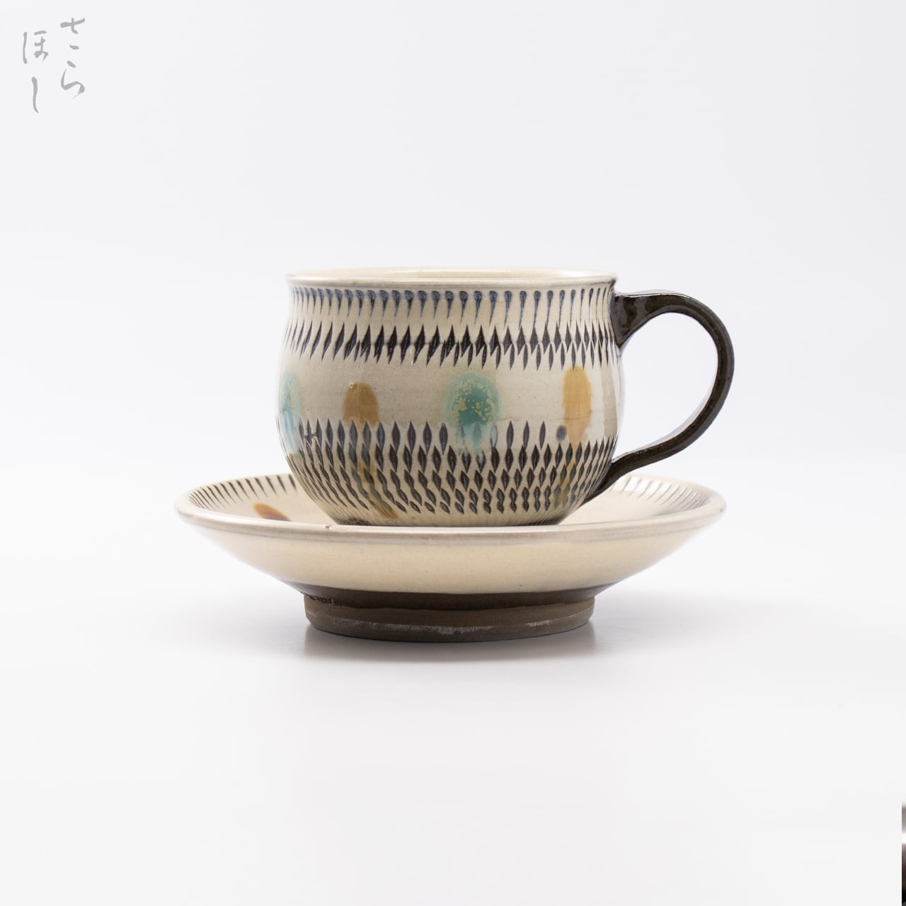 小鹿田焼 小袋窯【コーヒーカップ＆ソーサーセット】飛びかんな 赤青