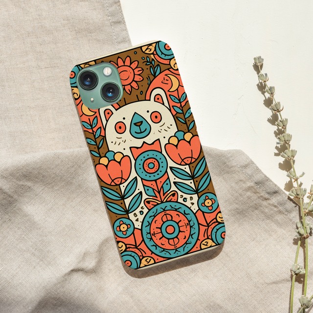 受注生産 iPhoneケース 猫と花のサイケ民芸柄｜猫モチーフ PSYF060C