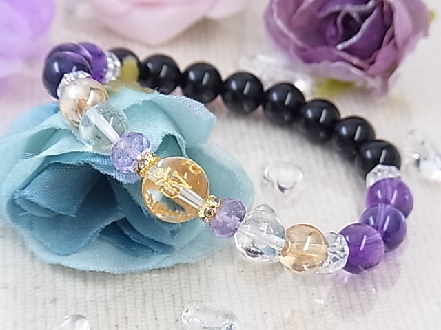 六字真言 お財布が豊かに 愛 お守り 運気上昇 ヒマラヤ水晶 アメジスト モリオン 凄いパワーの 天然石ブレスレットI7