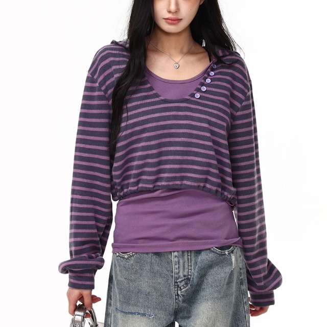 layered-look long tee with a hood　レイヤードフード付きロンティー　J2151