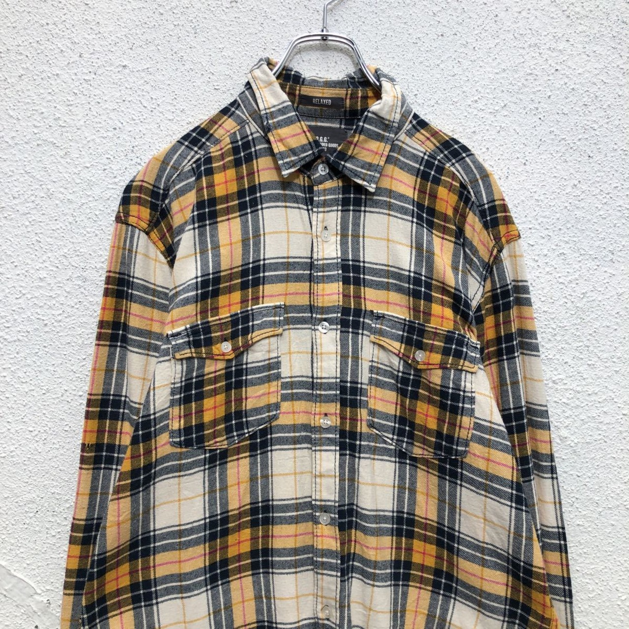 H&M L.O.G.G. 長袖 チェック柄 シャツ L イエロー 2ポケット 