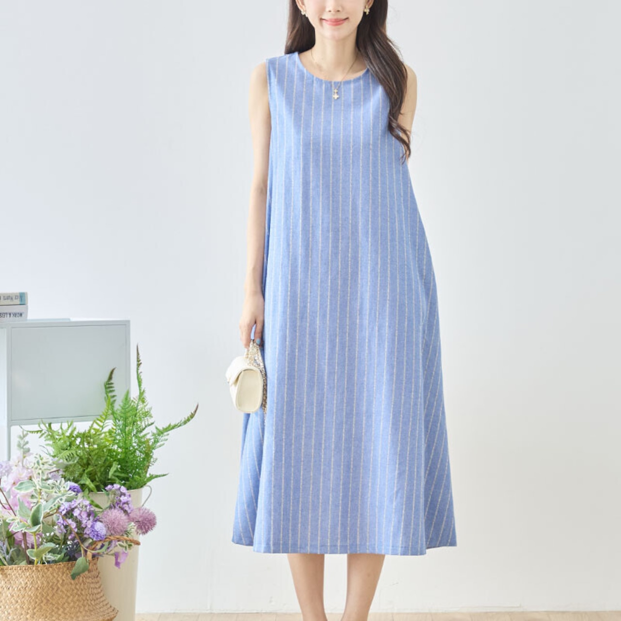 TRUBE Aラインノースリーブコットンマキシワンピース【M~L】ブルー