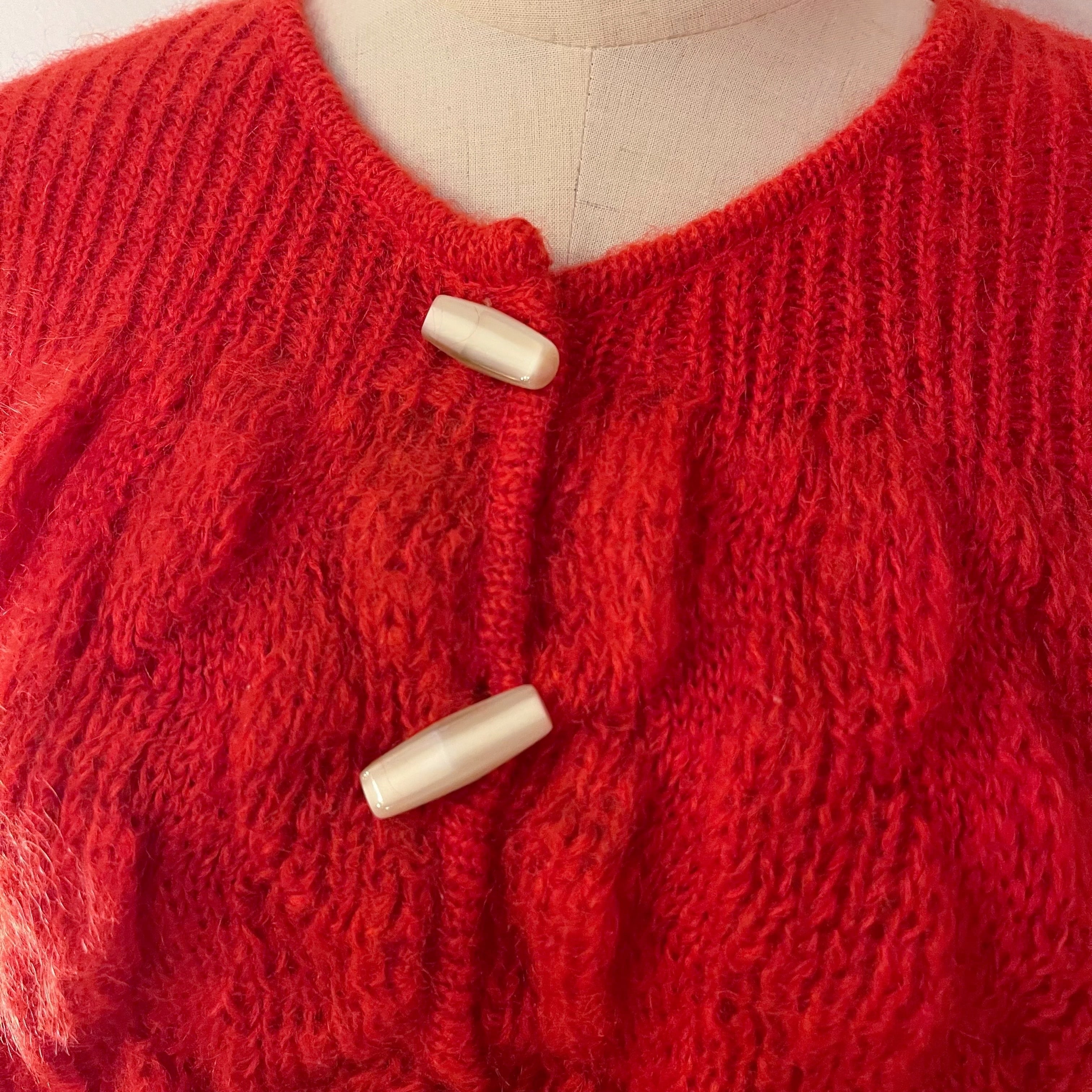 toggle button red cable knit cardigan