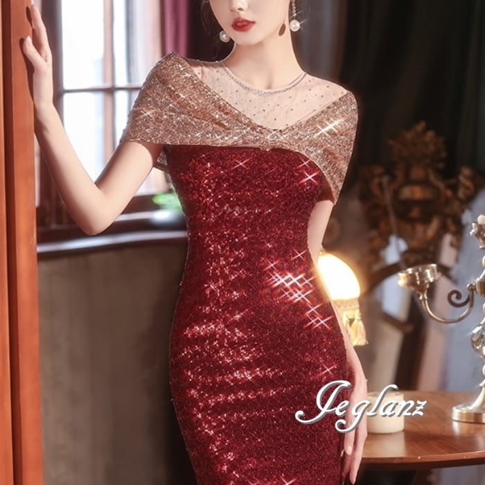 3色 パーティ ドレス ワンピース ビジュー キラキラ 光沢感 (MB315)ζ