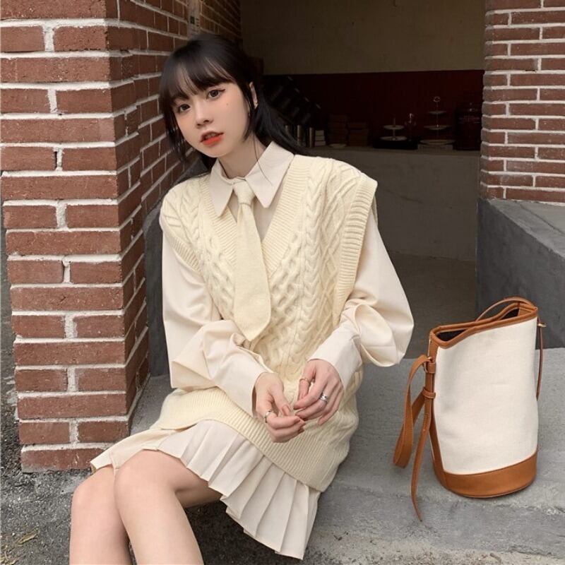 シャツ ドレス ルーズ薄手プリーツスカート スプリングスタンダード ロング レトロ 春物 ブラックストロベリース59419640488