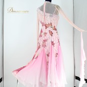 【社交ダンス衣装】ピンク ワンピース ドレス レース フロート フリル 花柄 綺麗 デモ 競技用 レディース 発表会 かわいい