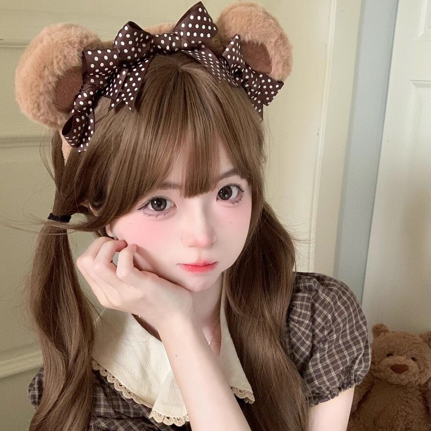 ドットリボンのくま耳ヘッドドレス｜茶色・ロリィタ・テディベア風髪