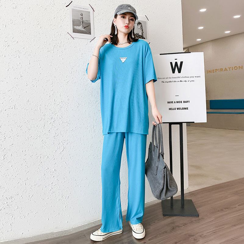 サマーカジュアルTシャツ ワイドレッグパンツ ストリート 大きめサイズ 夏物 ワイドパンツ ミックスインファッション1229060034