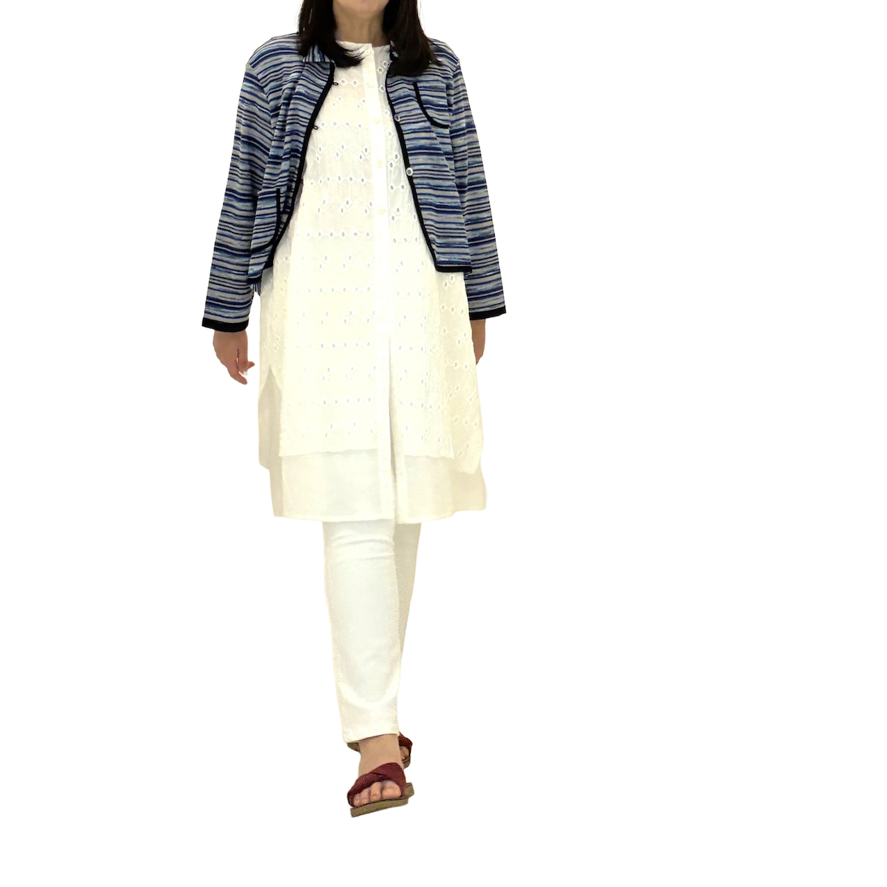絣タックボーダーカーディガン【260-2217】Tucked border cardigan