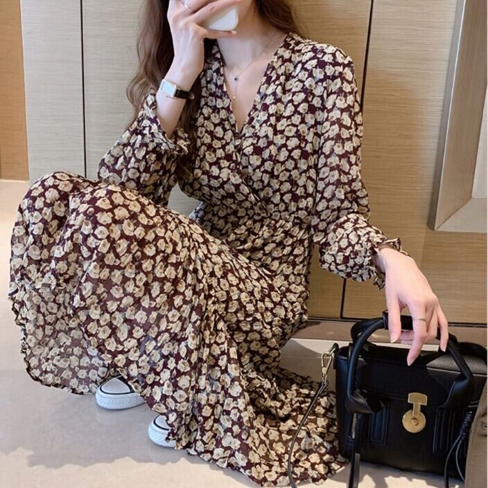 ワンピース レディース ロングワンピース 長袖 Vネック カシュクール ハイウエスト かわいい 大人可愛い きれいめ 上品 エレガント 清楚 おしゃれ お洒落 綺麗 おとな こなれ感 ラブリー キュート ロマンチック 抜け感 華やか 送料無料 存在感 花柄 小花柄 フラワー OL 通勤 学生 通学 デート お出かけ 女子会 S M L XL 春 10代 20代 30代 40代 韓国 韓国系 着回し 普段使い 重ね着 体型カバー ファッション コーデ モテ トレンド 流行 インスタ映え