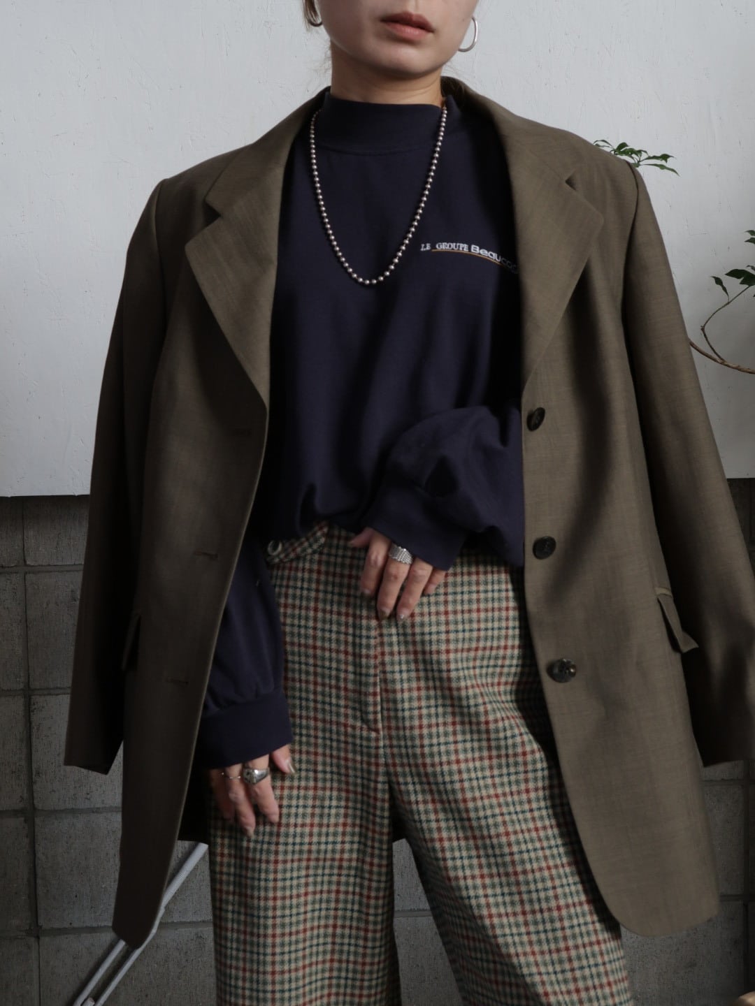 <vintage>high neck navy long Tshirt