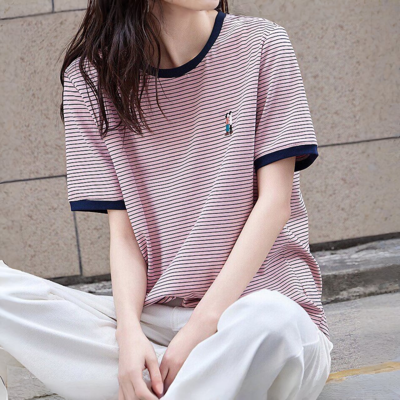 ワンポイントエンブロイダリーボーダーリンガーTシャツ A02211