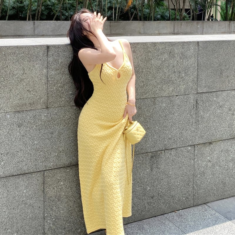 ワンピース セクシー ニット エレガント ロング丈 吊りワンピース