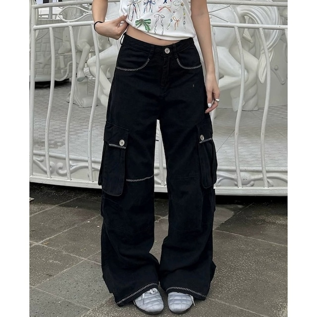 コントラストステッチワイドシルエットカーゴパンツ 2col R02455