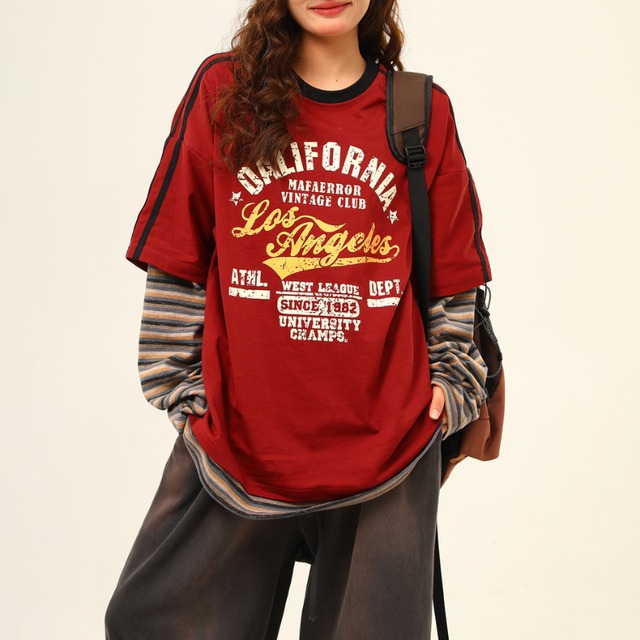 layered style striped sleeve logo long tee　レイヤード風ボーダースリーブロゴロングティー　J1116