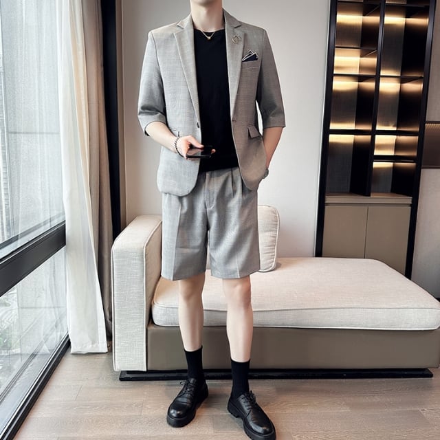 【予約販売】2点セット スーツ メンズ セットアップ 半袖ジャケット ハーフパンツ  グレンチェック柄 男前 グレー ベージュ 上下 パーティ お出かけ パーティー 二次会 結婚式 夏 S/M/L/XL/2XL