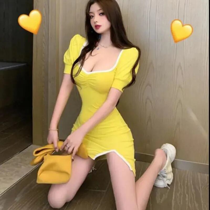 【新作】【送料無料】 レトロスクエアネックスリムフィットドレス女神スタイル夏の新しい優しいスタイルスリットAラインショートスカート 0227325766583