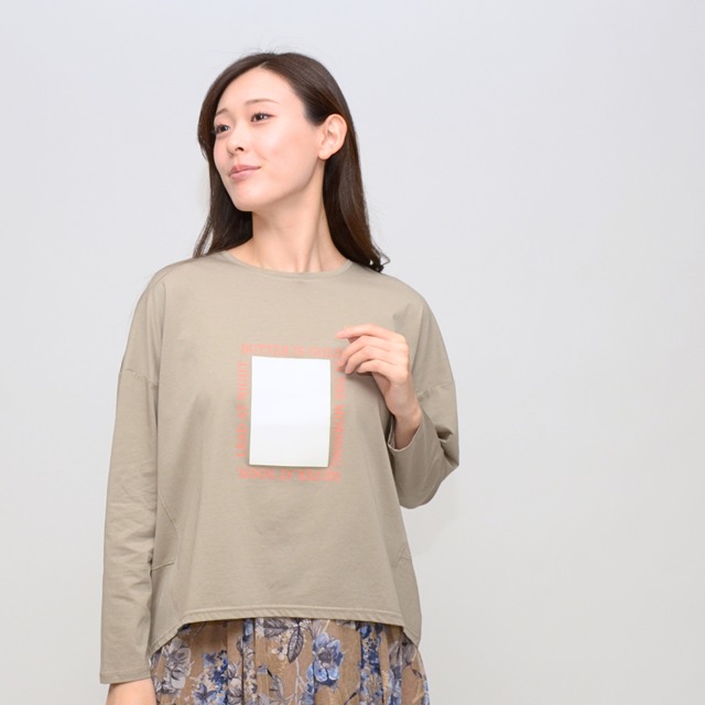 【デザイン魅せ】 シルケット合皮ボックスロングTシャツ ‐ LER-26109 グレージュ ‐