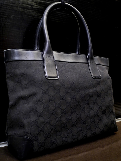 13万◆GUCCI グッチ GG柄 A4対応 ビジネス可 キャンバスxレザー トート ハンド バッグ黒◆ A4対応で通勤通学にも大活躍の定番人気モデル♪