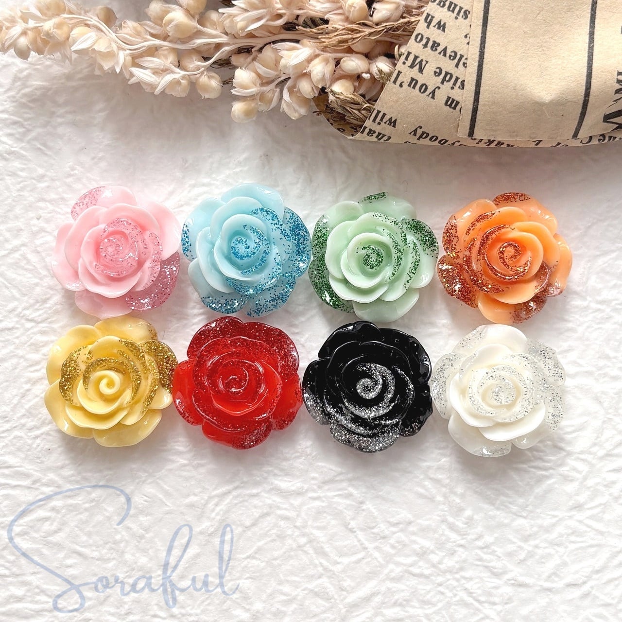 6個】ラメの薔薇カボション バラ ローズ 19mm【デコパーツ】D-0142