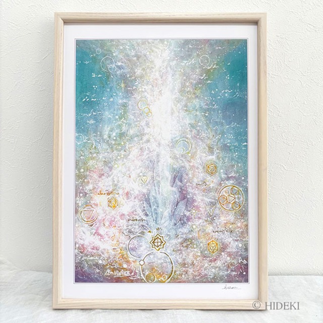 ヒーリングアート スピリチュアルアート 抽象画 風水 開運『Light Saver-Cluster』HIDEKI 直筆サイン入り 光の絵（A3縦型額入り / HYMジクレー / 乳白アッシュフレーム・UVカット仕様）