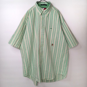 90s　トミーヒルフィガー　シアサッカー　BDシャツ　半袖　刺繍ロゴ　ストライプ