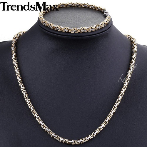 5MM メンズ チェーン ゴールド シルバー ボックス ステンレス ネックレス ブレスレット セット 20000775