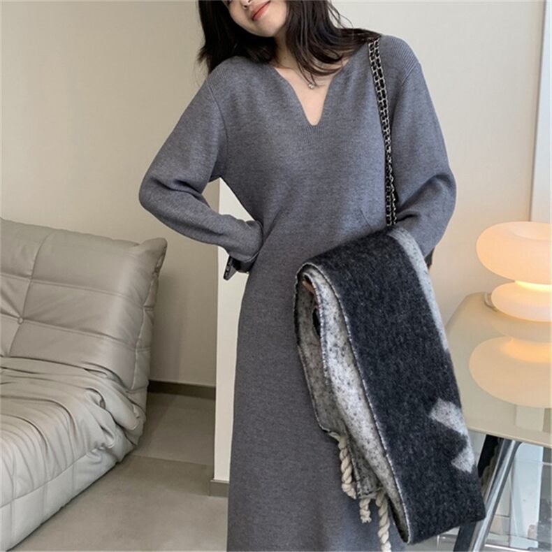 2025新作 レディース ニットワンピース ロング 長袖 きれいめ グレー