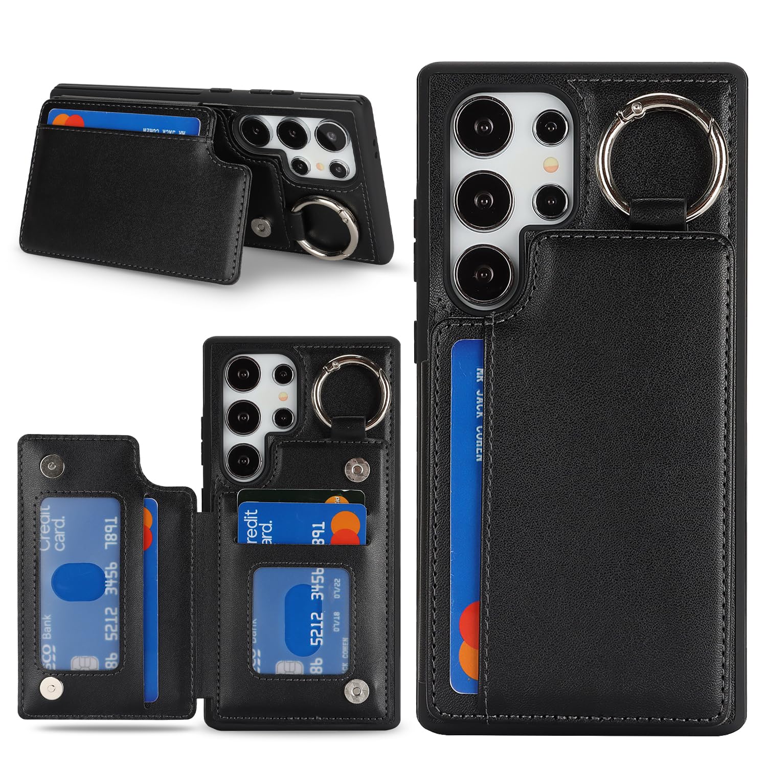 Havaya 対応 Galaxy S24 Ultra ケース ギャラクシーs24 Ultra ケース SC-52E スマホケース SCG26 カード収納 リング付き キーホルダー キーリング S24ウルトラ 米軍MIL規格 au docomo 財布 スタンド機能 SoftBank 耐衝撃 フェイクレザー-ブラック