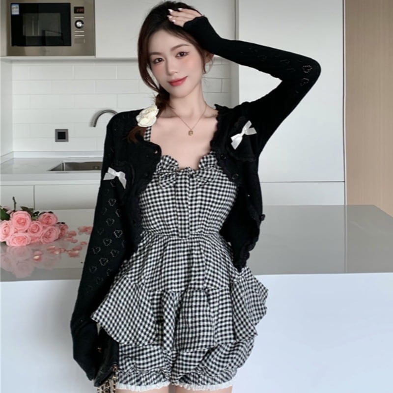 オータムスタイル格子柄ブラウス パンツ 薄手リボンニットカーディガンレディース 秋物 YY-ファッション47035493471