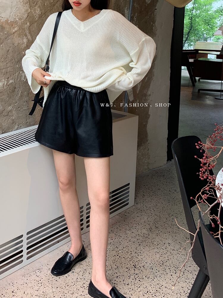 プリーツハイウェストウェストスリムカジュアルパンツ オータムスタイルレザーショーツ 秋物 ブルマー ビッグFスモールZ韓国21988091737