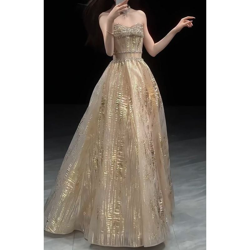 ヴァレンティノ、ビジュー装飾付きベージュパーティードレス コードレースミモレドレス(ベージュ)K1-252BE-S | パーティドレススタイル