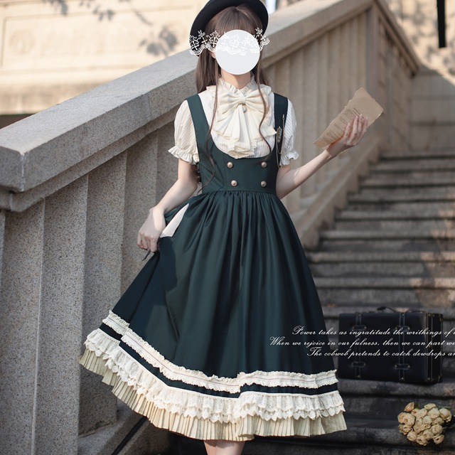 量産型 ロリィタ 英国風 セットアップ コルセット風  グリーン 控えめ 胡桃木 クラシカルロリィタ