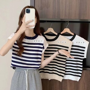 フレンチスリーブ ボーダー ニット レディース 春夏 韓国 おしゃれ 大人 カジュアル きれいめ 薄手 涼しい シンプル インナー トップス 大人可愛い 大人女子