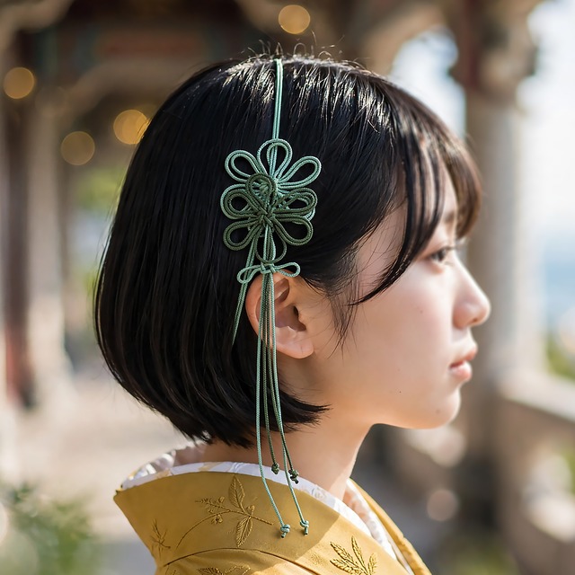 飾り結びカチューム「音ニニジム萌」（深緑×淡緑）【軽量・簡単】浴衣や着物、日常使いにも。