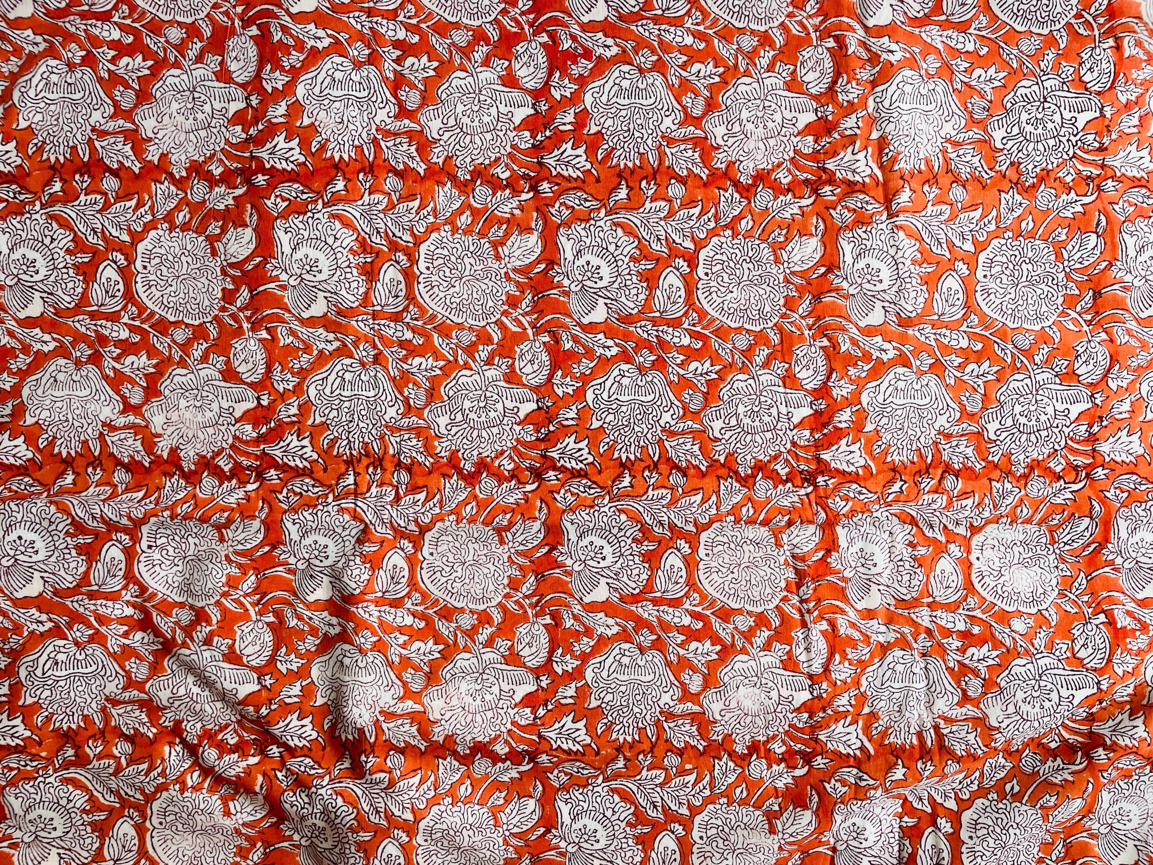 50cm単位】ブロックプリント生地 インド綿 花柄 オレンジフローラル