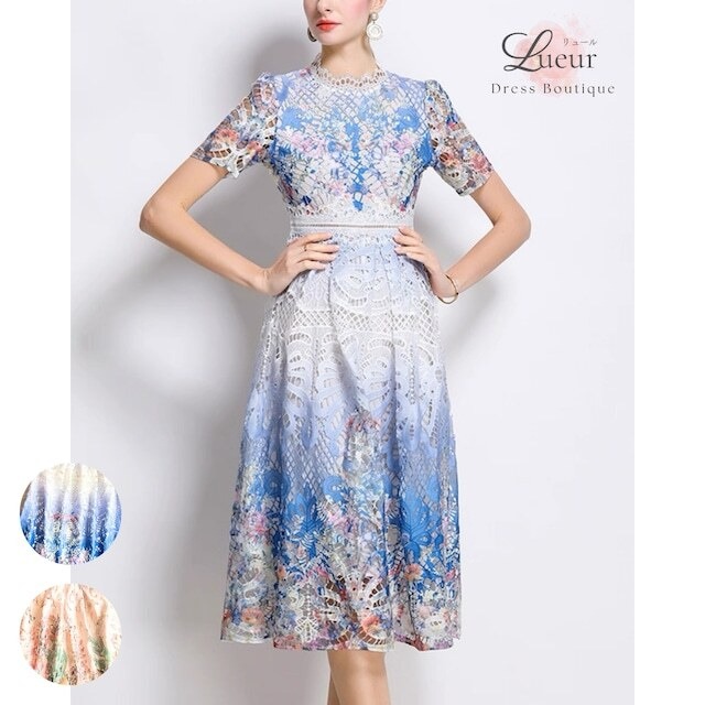 フラワーモチーフレース切替フレアワンピース L2335