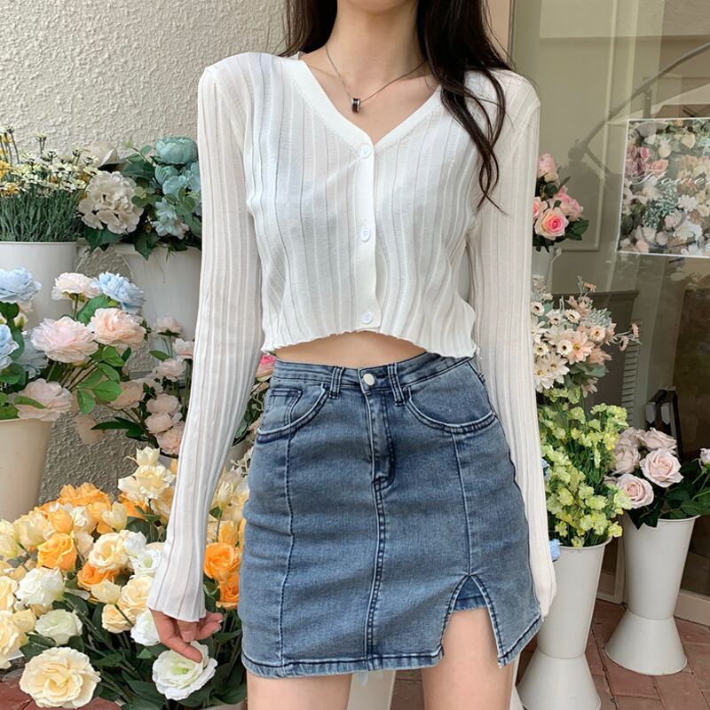 ホワイトセーター サマー薄手ショートカーディガンシャツ 夏物 試着室89624189857