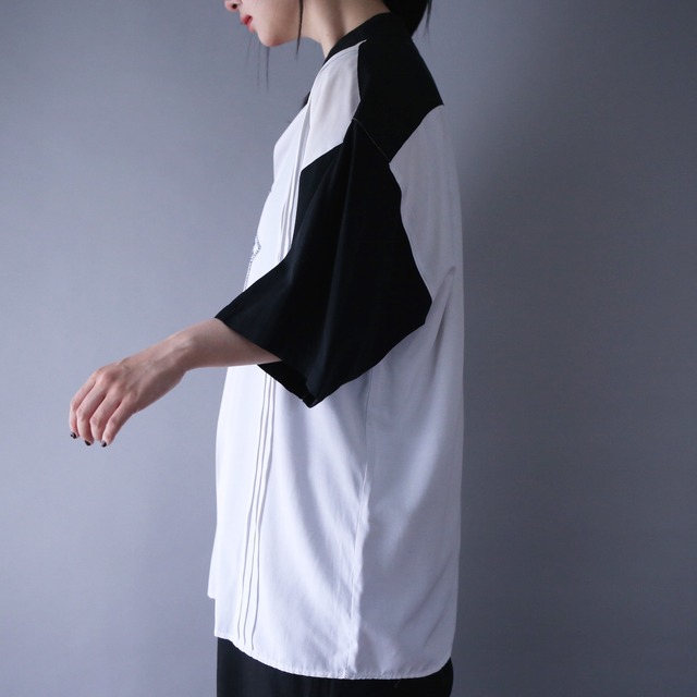 "刺繍" black×white good bi-color fry-front minimal mode h/s shirt