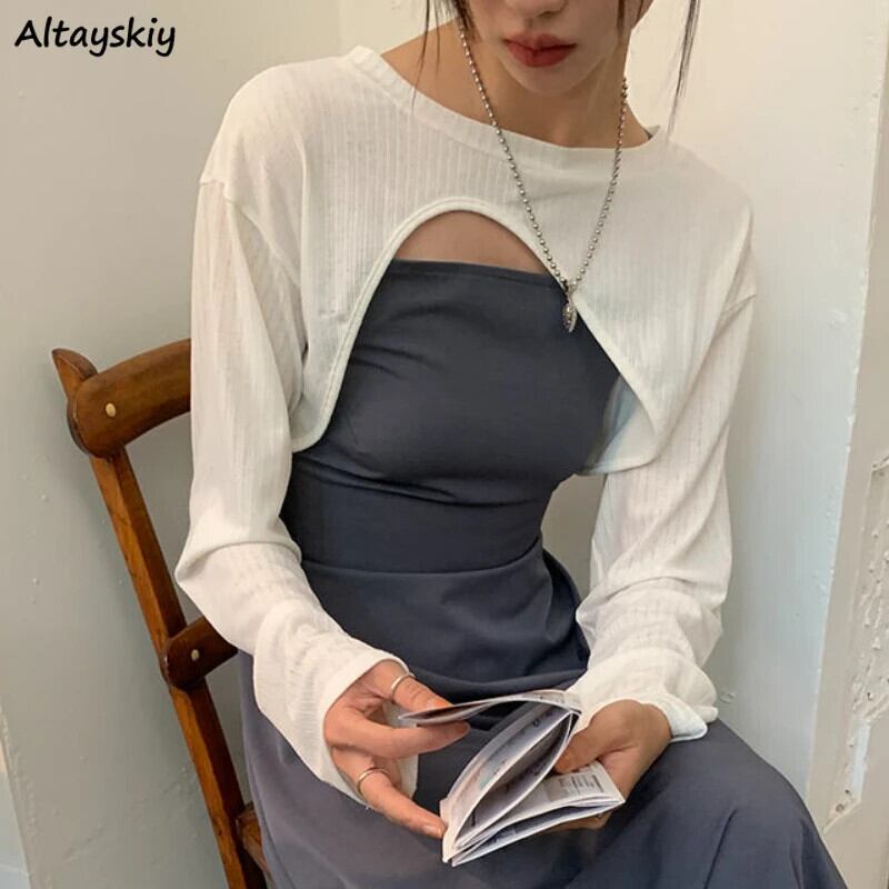 【新作】【送料無料】 女性長袖 Tシャツ固体不規則なデザイン非対称 O ネック超ショートクロップトップスオールマッチホット甘い気質 03148724780