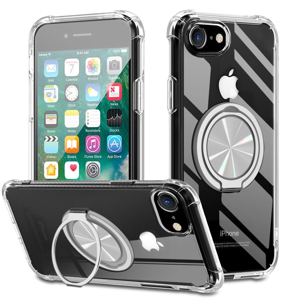 対応 iPhone SE 3/2 ケース iPhone8/7 カバー MagSafe対応 リング付き 360° 回転スタンド 縦横兼用 透明シェル