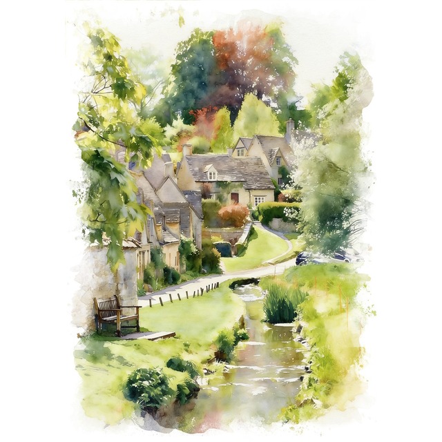 絵画 風景画(街並み)  イギリス コッツウォルズ アーリントン・ロウ インテリアアート額付き 水彩画・油絵風 WAT1018