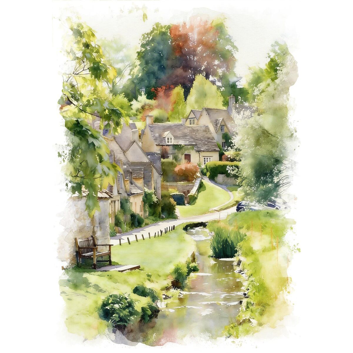 絵画 風景画(街並み) イギリス コッツウォルズ アーリントン・ロウ インテリアアート額付き 水彩画・油絵風 WAT1018