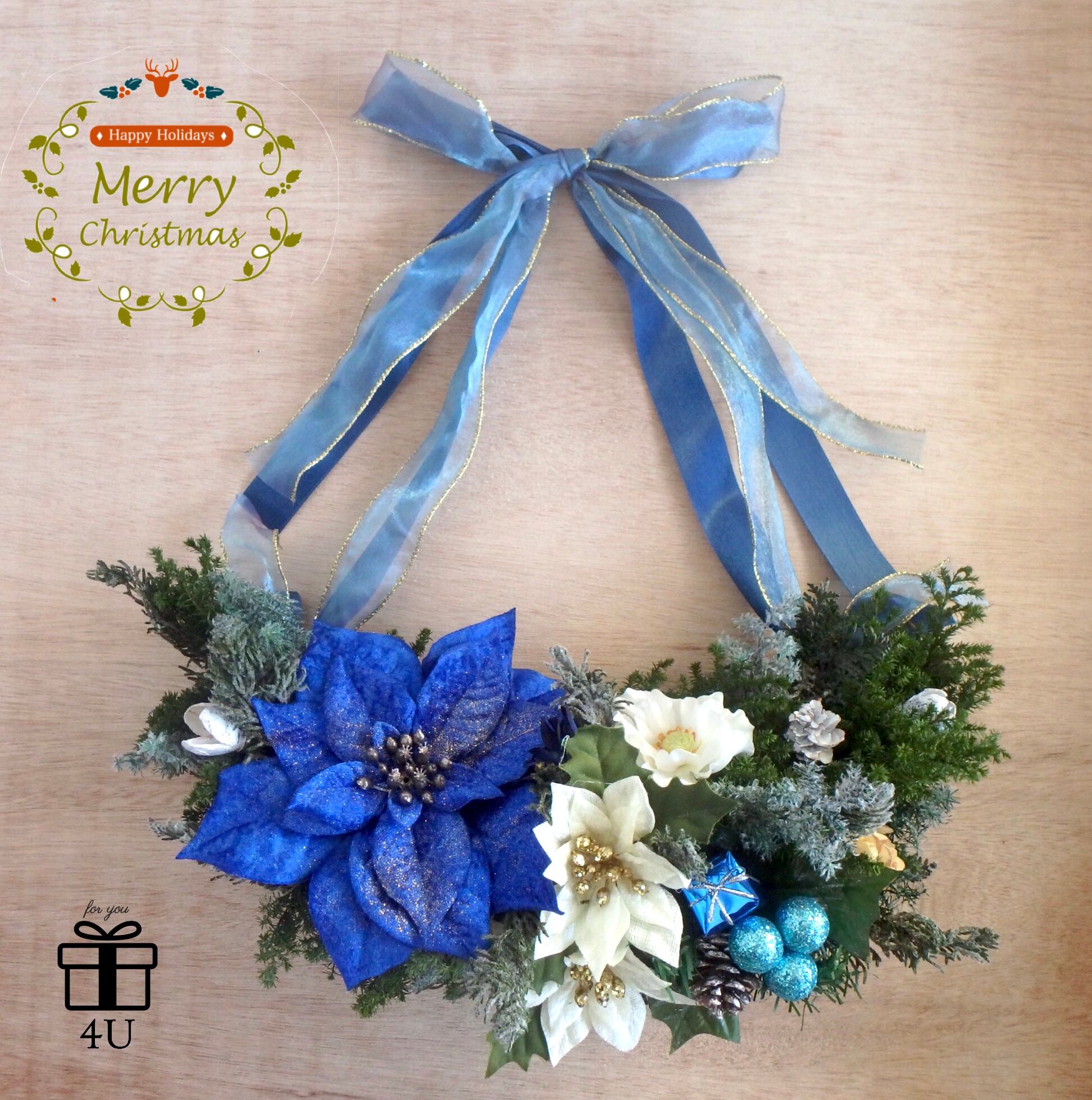クリスマス Merry Christmas17 横幅約４０ ブルーポインセチア 三日月型クリスマスリース 4u