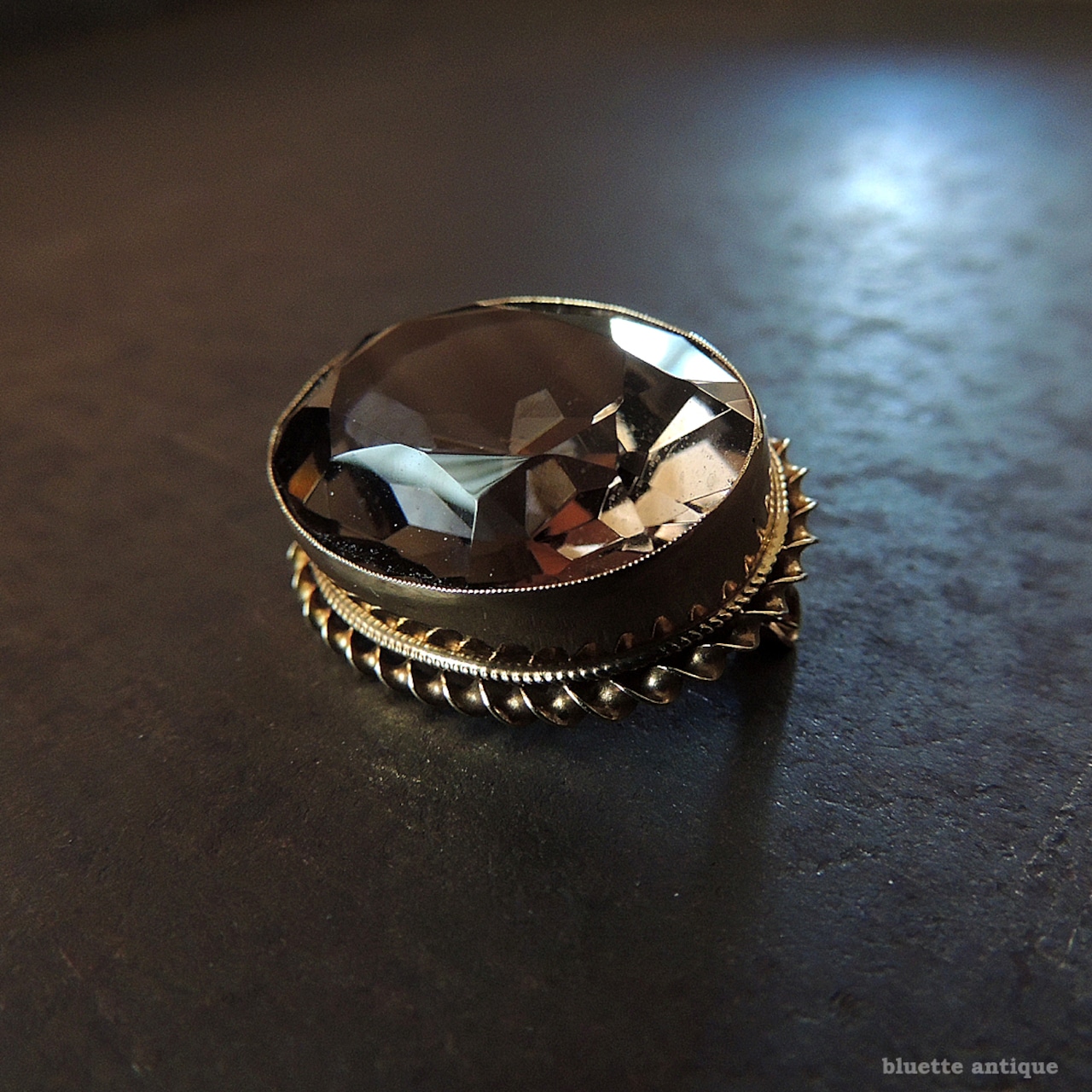 英国ヴィンテージジュエリー 9ctゴールド 天然スモーキークォーツ レースピン ブローチ (ソーティングメモ付)